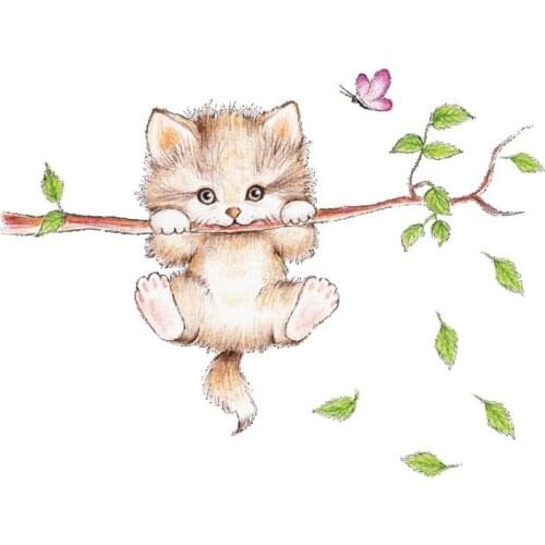 Lovely Cat hanging branches butterfly wall stickers for kids room Children Bedroom cute Animals Wall Decals Nursery Decor Mural