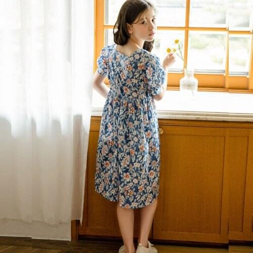 2021 New Summer Teenage Girls Floral Dresses Kids Cotton Dress Blue Print Teen Children Clothes Baby Princess Dress Puff Sleeve