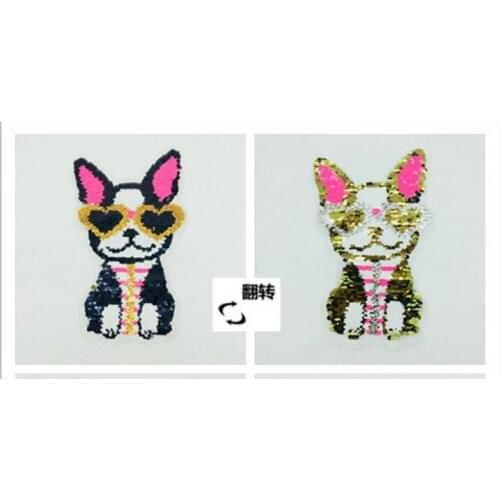 1pcs Dog Wearing Heart Glasses Reversible Change Color Sequins Sew On Patches Sticker