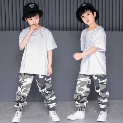 Girls Hip Hop Dance Clothes Plain White T Shirt Top Camouflage Jogger Pants Kids Modern Ballroom Costumes Dancing Clothing