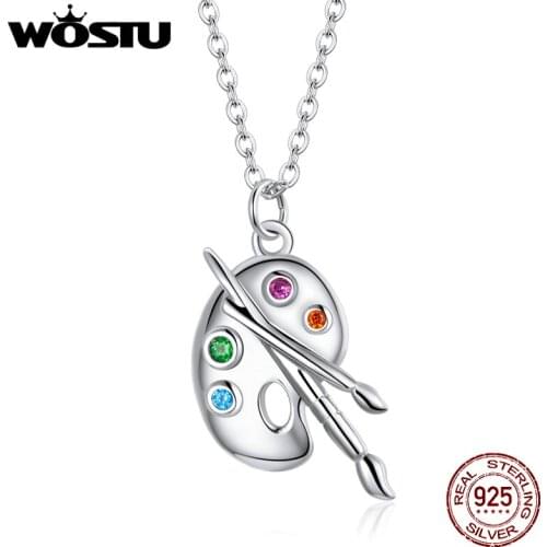 WOSTU 925 Sterling Silver Artistic Life Necklace Color Palette Zircon Long Chain Link Necklace For Women Fashion Jewelry CQN457
