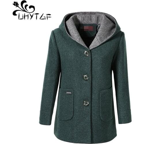 UHYTGF Coats woman fashion hooded casual spring autumn wool coat Single-breasted loose 5XL plus size jacket płaszcz damski 1053