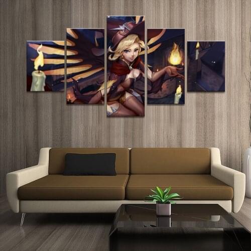 Home Decor Poster Pictures Prints Canvas 5 Piece Modular Witch Mercy Overwatch Game Living Room Decorative Painting Framed