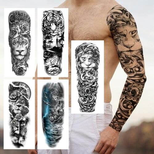Realistic Lion Gem Temporary Tattoos Sleeve For Men Women Tiger Rose Cross God Fake Tattoo Sticker Water Transfer Full Arm Tatoo