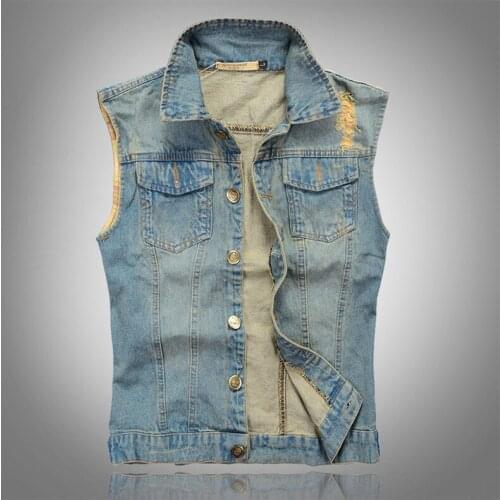 Ripped Denim Vest Mens Sleeveless Jacket 5XL Casual Waistcoat Mens Jean Coats Slim Fit Cowboy Male Vest