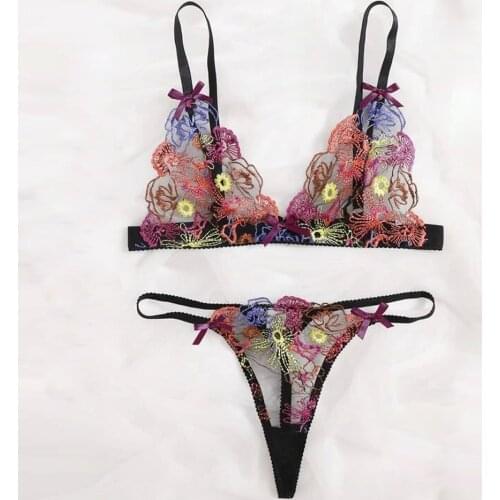 Women Sexy Floral Embroidery Sensual Lingerie Underwear Lace Erotic Bra and Brief Set Hollow Out Perspective Exotic Underwear