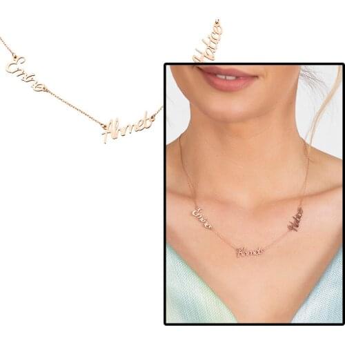 Tesbihane Personalized Special Three Name Written Rose Color 925 Sterling Silver Lady Necklace