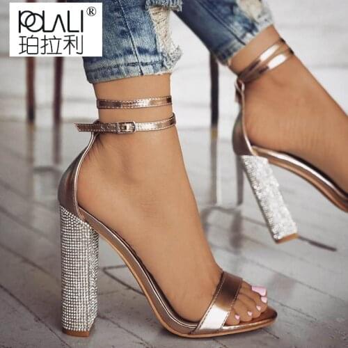 New Women Heeled Sandals Bandage Rhinestone Ankle Strap Pumps Super High Heels Square Heels dress Lady Shoes plus size 34-43 &21