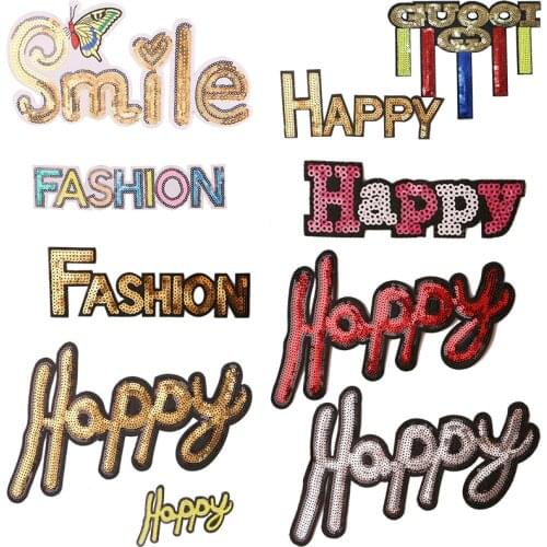 Unique novel letter Sequin icon Embroidered Iron on Patches for Clothing DIY Stripes Clothes Patchwork Stickers Custom Badges