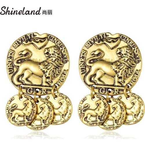 Shineland Vintage Engraved Coin Drop Dangle Earrings for Women Tiger Pattern Round Tassel Pendant Earring Pendientes Statement