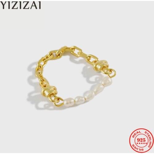 YIZIZAI Ins Small Natural Freshwater Pearl Rings for Women Real 925 Sterling Silver Link Chian Finger Ring Female Jewelry Gift