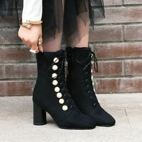 2021 Autumn Women Boots Pointed Toe Rivets Platform Female Ankle Boots Dark Black High Heels Women Shoes Lace-up Drop Ship