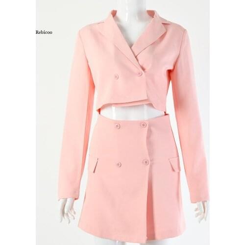 Women Two Pieces Set Elegant Blazer Skirt Long Sleeve Turn Down Collar Buttons Jacket High Waist Skirt Matching Set New