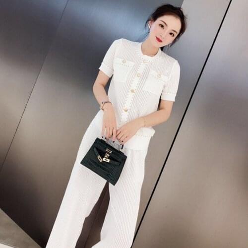 Solid White Summer Thin Office Ladies Rib Knitted Women 2 Pieces Set Short Sleeve O Neck Tops Pullover Wide Leg Loose Pants