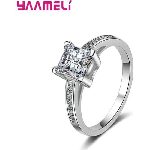 New Fashion 925 Sterling Silver Band Rings for Women 9 Colors Size 6-7-8-9-10 Shiny Square Cubic Zirconia Crystal Inlaid