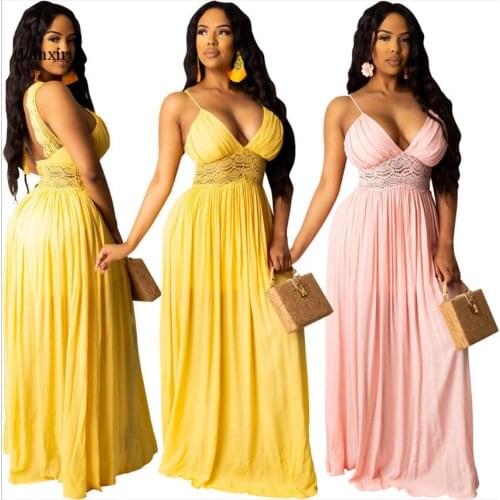 Women Spaghetti Strap V Neck Lace Insert Maxi Dress Sexy Backless Evening Party Long Solid Dress Vestidos