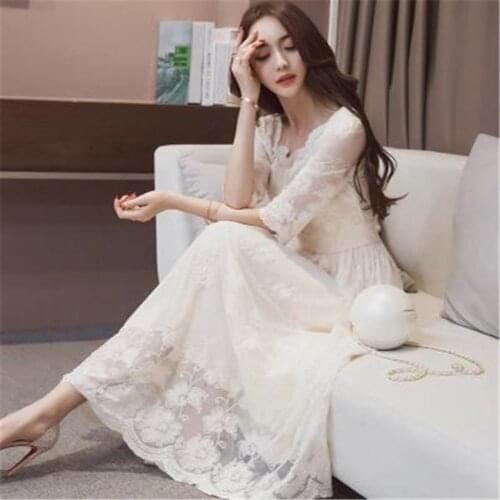2019 Summer Dress Women White Lace Dress Big Size S-2XL High Waist Dress Elegant Lady Long Party Dressess Vestidos платье WZ917