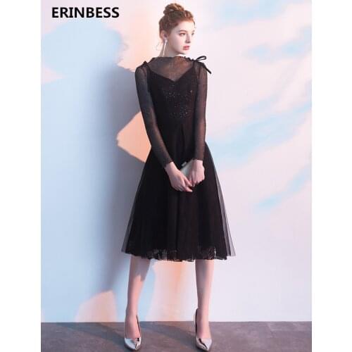 Vintage Short Prom Dresses 2019 Fashion Vestido De Festa Formal A-line Party Gowns For Women Long Sleeve Black Prom Dress Gown