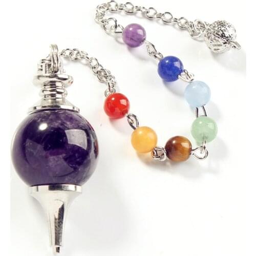 100-Unique 1 Pcs Silver Plated Natural Purple Amethysts with 7 Colors Stone Beads Chain Dowsing Chakra Pendulum Pendant