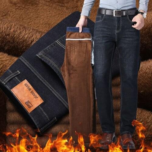 2021 Autumn Winter Brand Fitted Straight Jeans Classic Style Fleece Thick Comfortable Warm Youth Mens Slim Denim Jeans