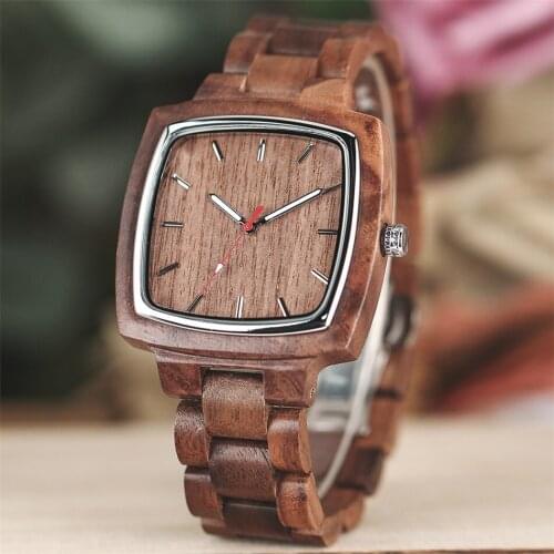 Natural Walnut Wooden Men Watch Square Dial Quartz Bangle Wristwatch Push Button Hidden Clasp Full Wood Male Timepiece
