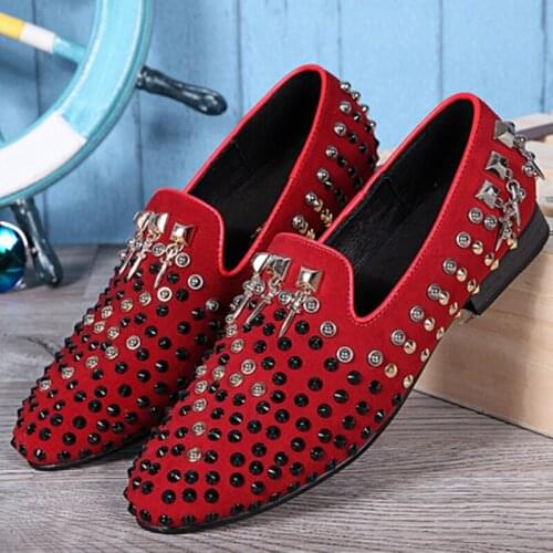 Christia Bella Handmade Fashion Male Rivet Rhinestone Red Suede Leather Flats Shoes Party Dress Mens Large Size Loafers Shoes