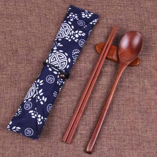 Wooden Chopsticks Spoon Simple Set Japanese Chopsticks Spoon Combination Convenient Outdoor Travel Gift Tableware with Cloth Bag
