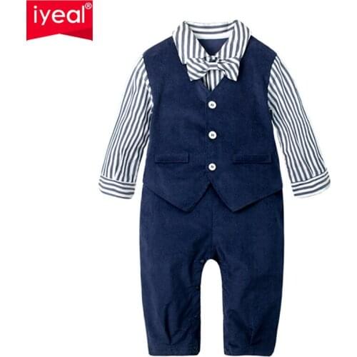 IYEAL Handsome Baby Rompers Newborn Gentleman Clothing Infant Bow Tie Fake Two Pieces Cotton Baby Jumpsuit Baby Boy Clothes