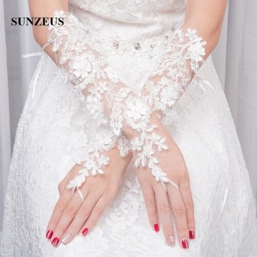 Elbow Length Long Wedding Gloves for Bridal Lace with Pearls White Gloves for Bride Fingerless mariage accessoire SG14