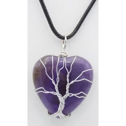 Tree of Life Wire Wrapped Love Heart Necklace & Pendant Suspension Natural Gem Stone Tiger Eye Pink Quartzs Girl Women Jewelry