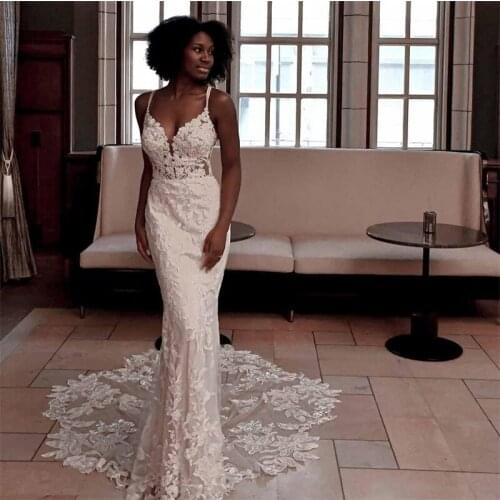 Elegant Mermaid Spaghetti Strap Wedding Dresses Cross Strap Beads Lace Appliques Bridal Gowns Custom Made Wedding Dress