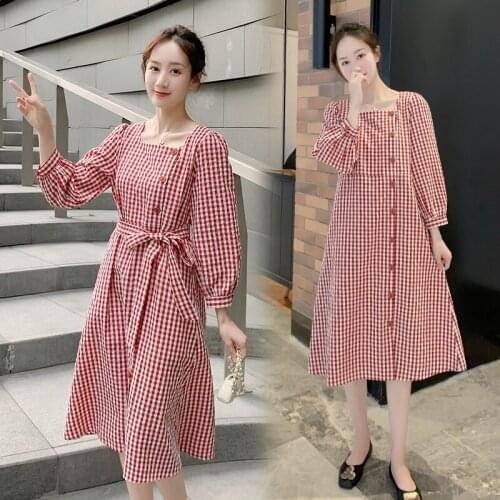 6021# Maternity Clothes Spring Autumn Plaid Cotton fashion Long Sleeves Loose Stylish Dress for Pregnant Women Mom Dress