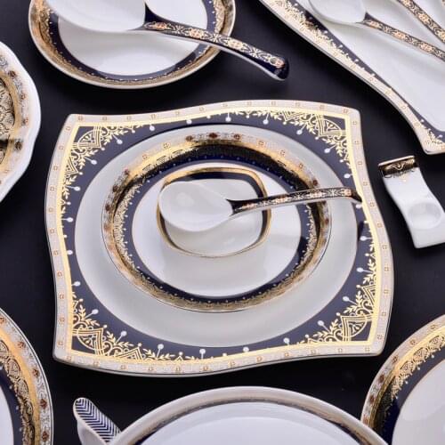 Bone China Caremic Bowls Plates 58pcs Tableware relief Gold Series Dinnerware Dishes Serving Tray Spoon Set Jingdezhen Luxury