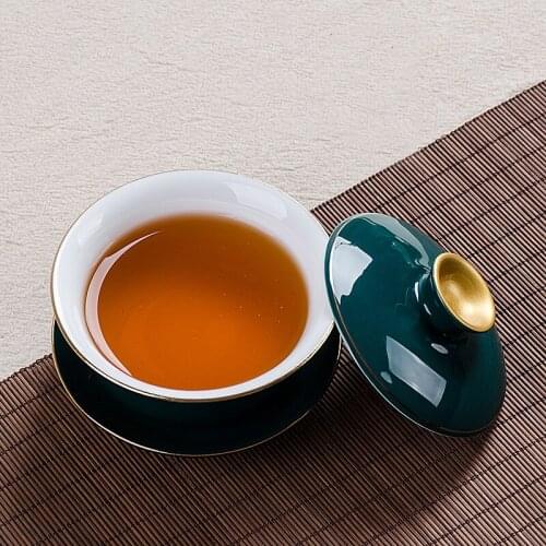 180ml Creative Porcelain Gaiwan Green Underglaze Gold Plated Tea Bowl with Saucer Lid Kit Drinkware Office Teaware Teapot Gifts