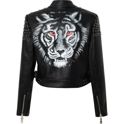 Spring and Autumn Tiger Pattern Punk Rock PU Leather Jacket Women Rivet Motorcycle Coats and Jackets DJ Club Jacket