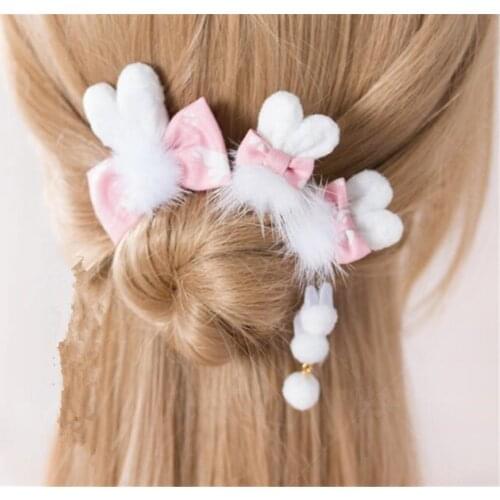 Cute girl plush ball Kawaii Pink Rabbit Hairpin Cosplay Hair Accessories Japanese Sweet Lolita hairwear B1009