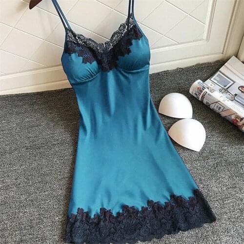 Floral Lace Satin Nightgown Women Nightdress Sexy Nightwear Backless Sleeveless V Neck Padded Dress Sleepwear Nuisette Femme