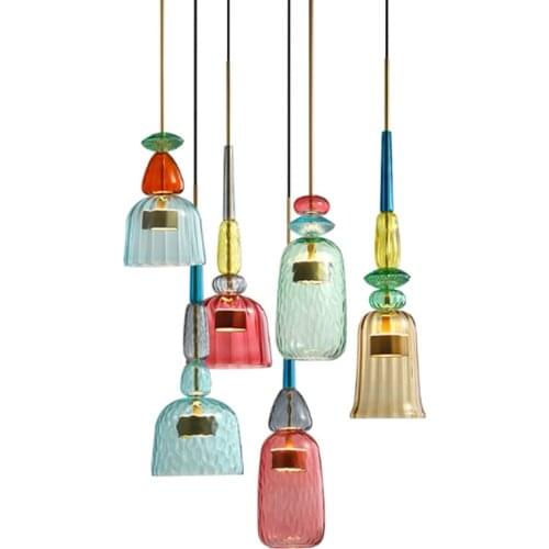 Nordic minimalist stained glass single pendant lamp modern DIY combination red blue glass restaurant decoration LED lighting