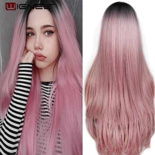 Wignee Long Heat Resistant Synthetic Fiber Straight Wigs For Women Ombre Pink/Grey/BUG Glueless Daily/Cosplay Natural Hair Wig
