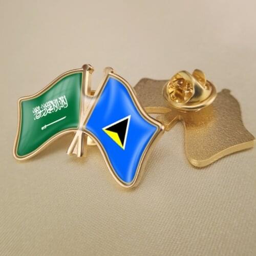Saudi Arabia and Saint Lucia Crossed Double Friendship Flags Lapel Pins Brooch Badges