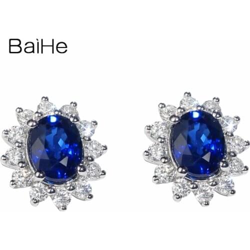 BAIHE Solid 14K White Gold Oval 0.50ct Natural Sapphirs Engagement Party Trendy Fine Jewelry Gift Luxury Sapphire Stud Earrings