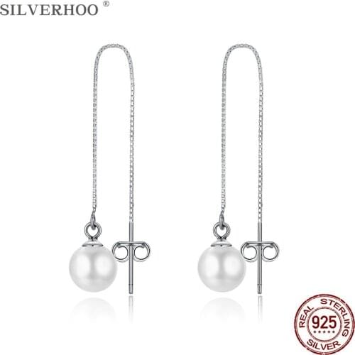 SILVERHOO Long Tassel 925 Sterling Silver Drop Earrings For Women Trendy Shell Pearl Earrings Elegant Female Jewelry Ear Drops