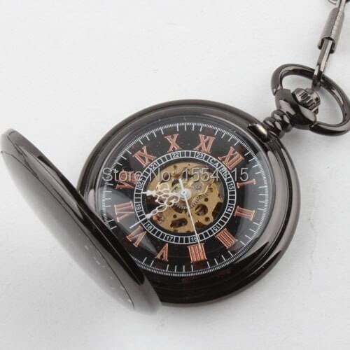 20pcs/lot Top Quality Black Polished Mechanical Pocket Watch Roman Dial Pocket Watch Men Watches Gift Watches
