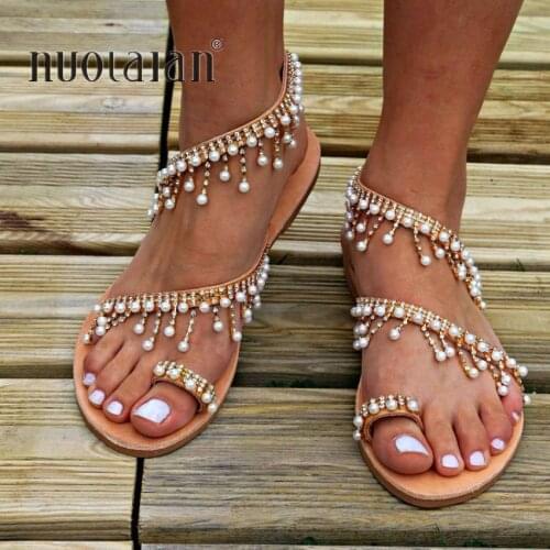 Women sandals 2019 new summer shoes flat pearl sandals comfortable string bead slippers women casual sandals size 35-42