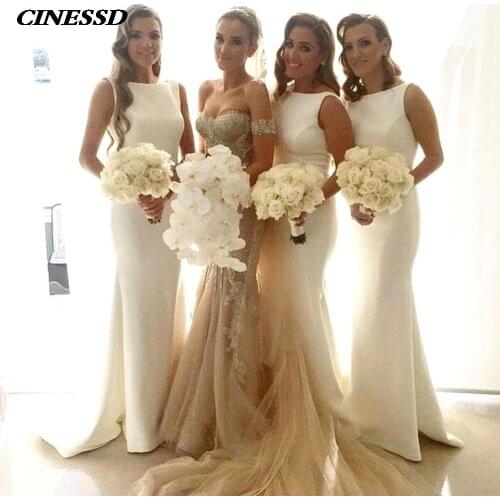 2021 Sexy Ivory Bridesmaid Dresses Scoop Mermaid Elastic Satin Bridesmaid Gowns Floor Length for Women