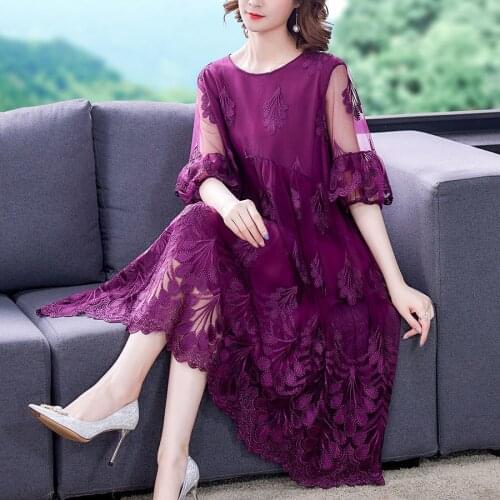 Summer 2021 Women 3/4 Flare Sleeve Embroidery Orange Purple Long Dress , Woman Female 4xl 5xl High Waisted Sweet Dresses