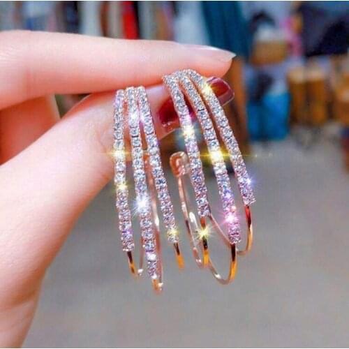 2020 Wholesale Womens Large Earrings Shiny Big Hoop Three Rows Diamonds Silver Color Circle Earrings Bridal Jewellery