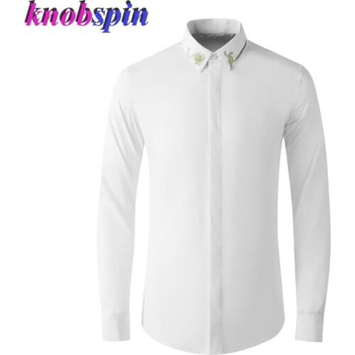 2021 Business Men Shirt Solid Color Long Sleeve Gold Color Animal Embroidery Collar Brand Slim Chemise homme Plus Size Shirts