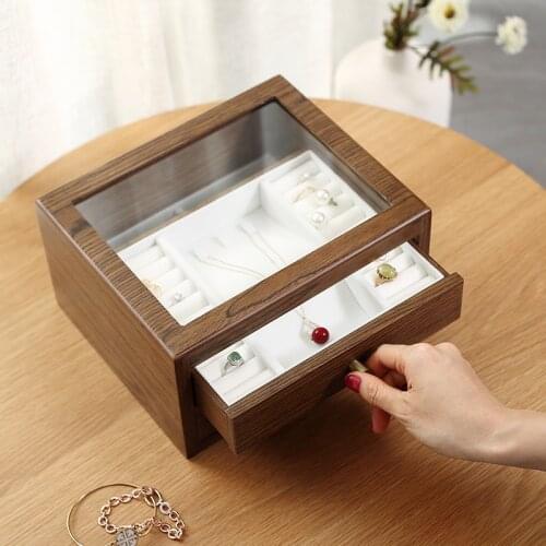 Casegrace Large Wooden Jewelry Box Organizer With Drawer Glass Display Wood Earring Ring Necklace Jewellery Storage Case Casket
