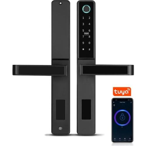 Tuya WiFi App Smart Door Lock Aluminum Biometric lock fingerprint door handle Digital Keyless lock for Glass Sliding or Wooden
